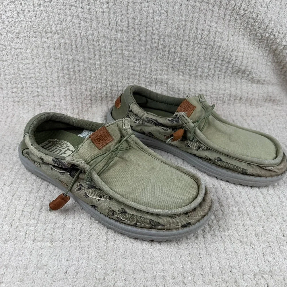 Hey Dude Wally Fish Lure Green Canvas Slip On Loafers Mens 10 40624-315